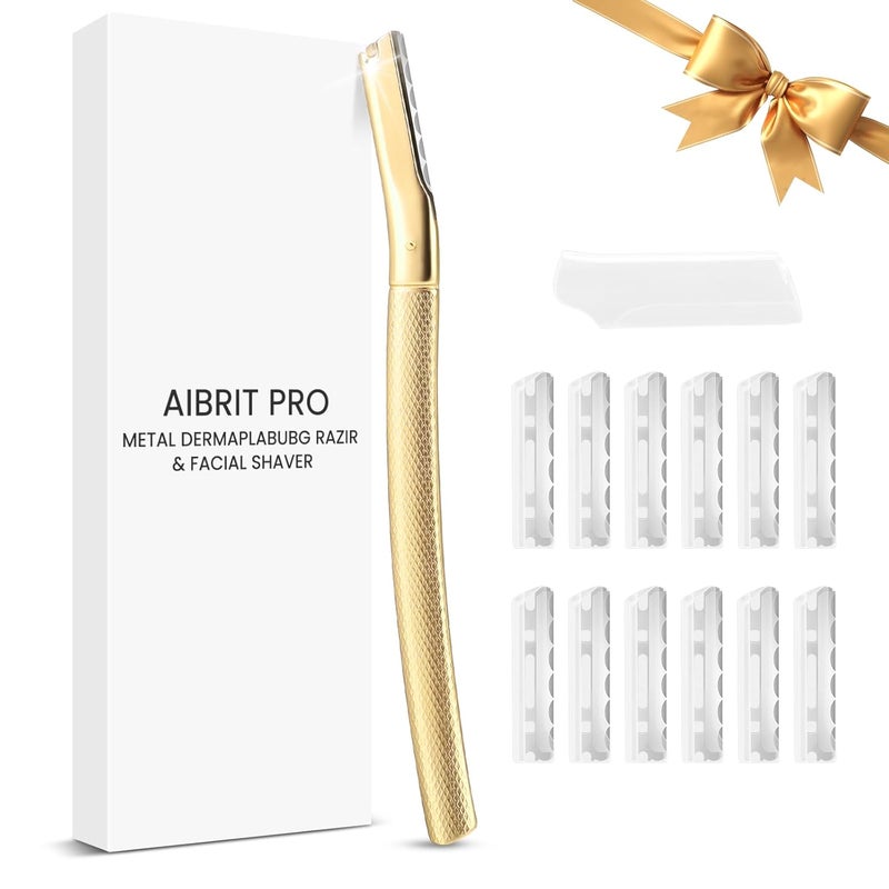 AIBRIT Dermaplaning Tool for Face, Dermaplane Razor for Peach Fuzz with Metal Grip, Professional Eyebrow Razor for Women, Facial Razor for Women Gold (12 Replaceable Blades) - Image 1